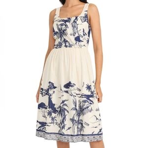 Nwt Maggy London Navy And Ivory Tropical Golda Cotton Fit And Flare Dress